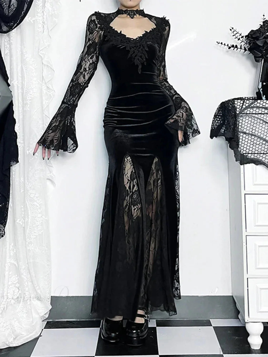 Antique Lace Flare Sleeve Midi Dress