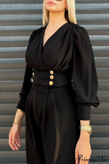 Arm Smocked Puff Neck V Top