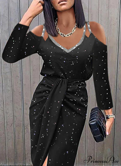 asual V-neck Lace Long Sleeve Elegant Party Dress