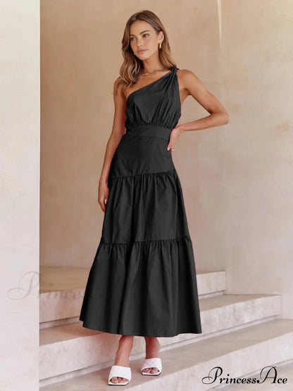 Asymmetric Shoulder Graceful Knotted Midi Dress