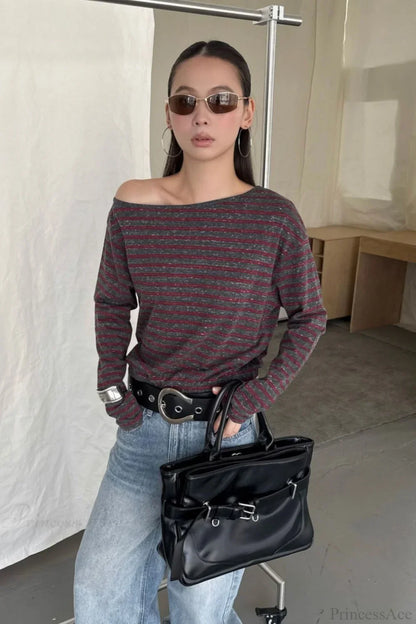 Asymmetric Shoulder Striped Color Block Reversible Long Sleeve Tee