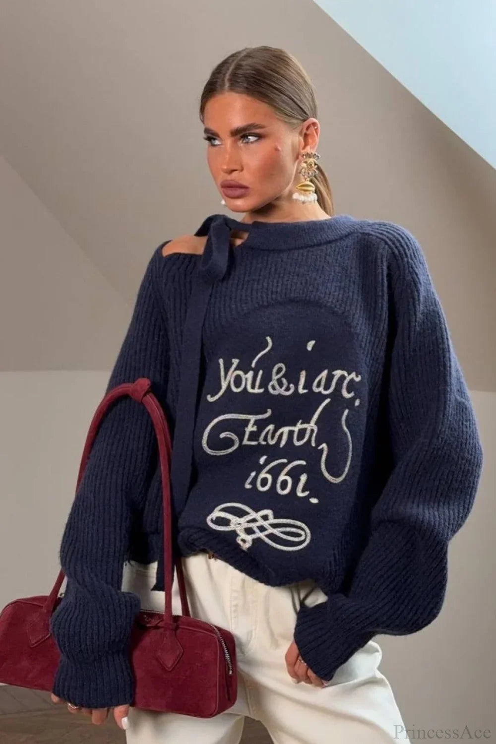 Asymmetrical Shoulder Letter Pattern Solid Sweater