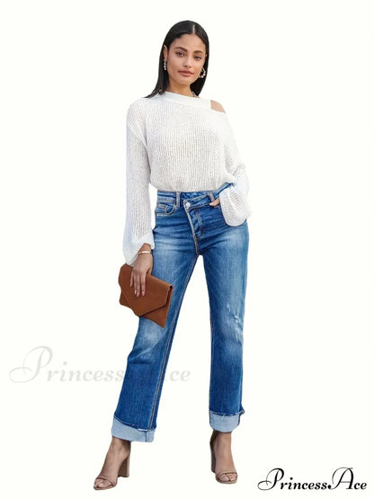 Asymmetrical Waist Casual Straight Loose Fit Rolled Hem Denim Jean