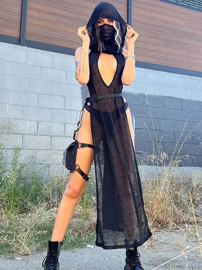 Attractive Rebel Net Hollow Hooded Full-Length Dress