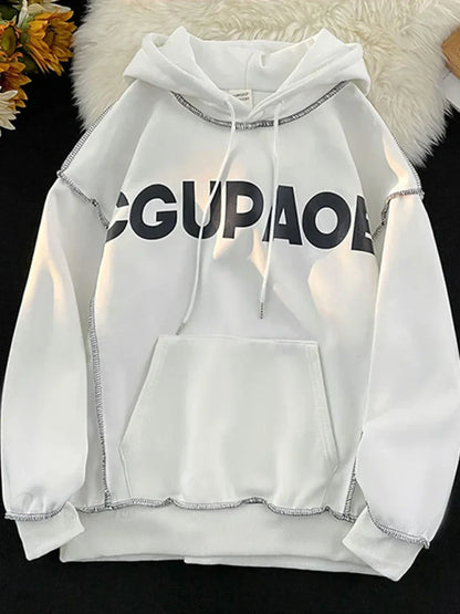 Autumn Letter Print Loose Fleece Hoodie