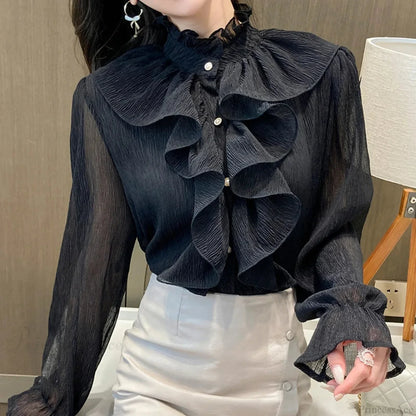 Autumn Ruffled Lace Chiffon Stand Collar Blouse