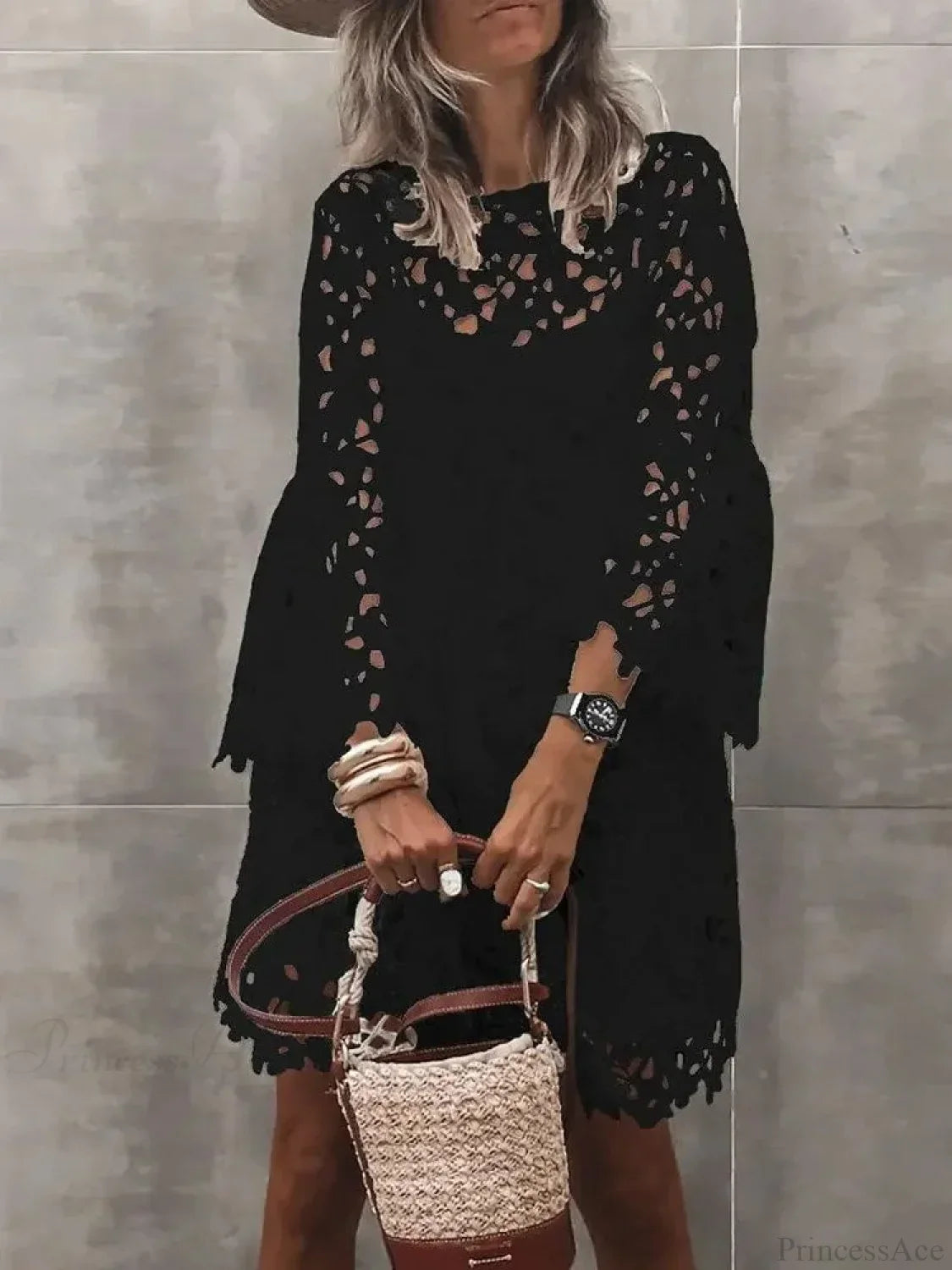 Autumn Solid Color Lace Hollow Floral Casual Floral Dress