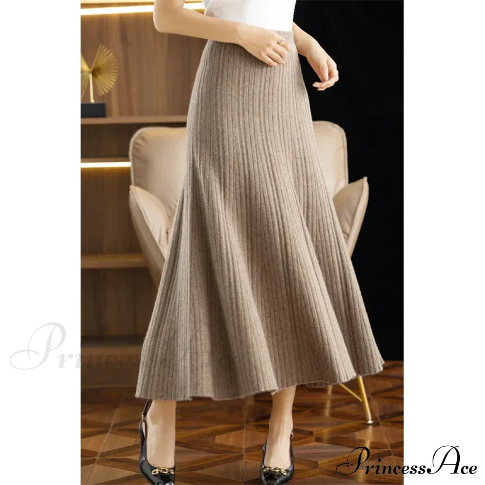 Autumn Winter A-Line Elastic High Waist Knitted Pleated Over Knee Skirt
