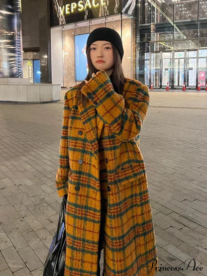 Autumn Winter Long Loose Retro Colorful Woolen Double Breasted Luxury Designer Stylish Coat