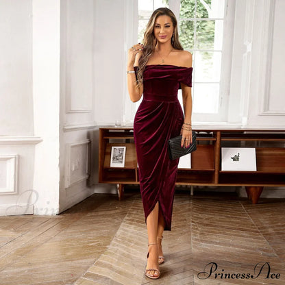 Autumn Winter Temperament Elegant Velvet One-Shoulder Dress