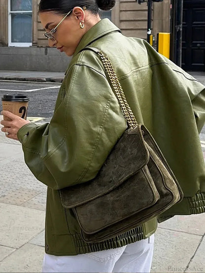 Avocado Green Single Breasted Leather Coat