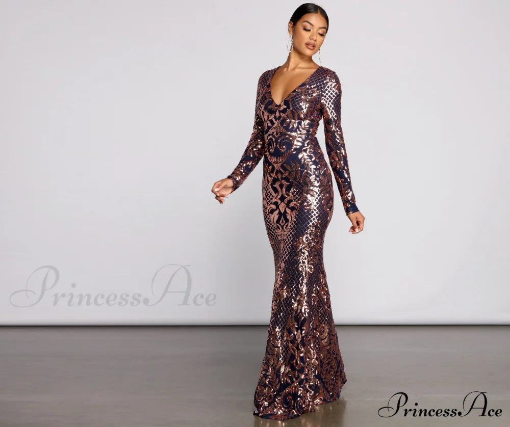 Ayla Formal Long Charming Sleeve Sequin Scroll Dress