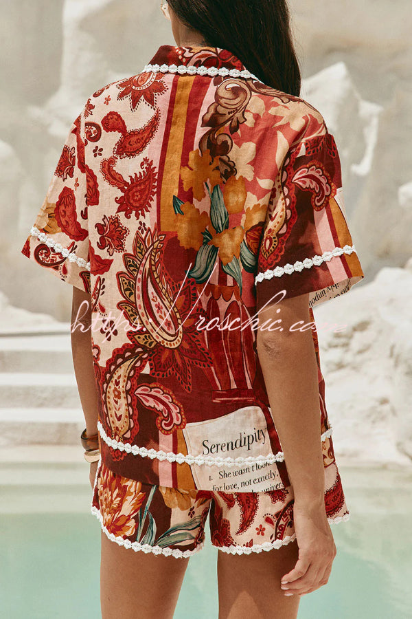 Unique Printed Collared Short-sleeved Loose-fitting Shirt and Casual Floral Trim Shorts Set
