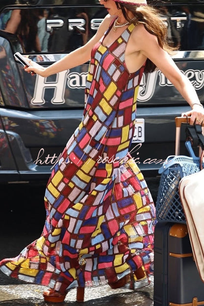 Stylish Color-blocked Plaid Print Sleeveless Round Neck Loose Maxi Dress