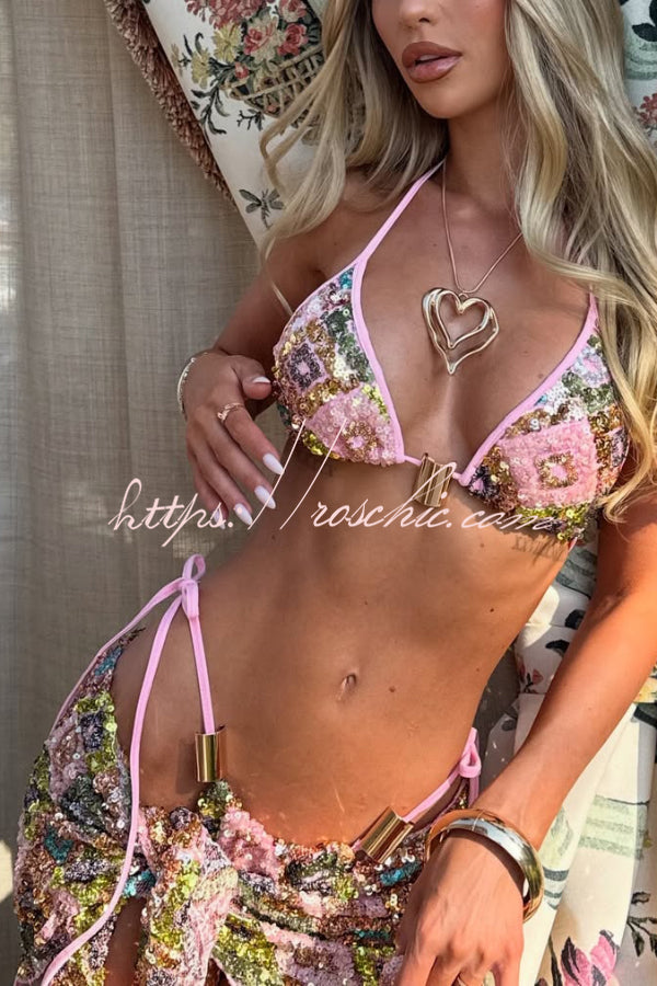 Stylish Sequined Metal Decoration Halter Neck Tie Stretch Bikini Swimsuit and Beach Cover-up Mini Skirt Three-piece Set
