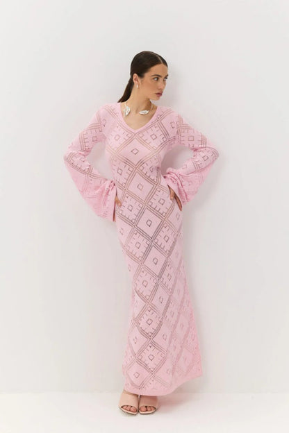 Vestido maxi de punto argyle jacquard de manga larga