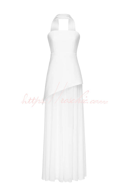 Monaco Off Shoulder Structured Top Chiffon Slit Hem Scarf Maxi Dress