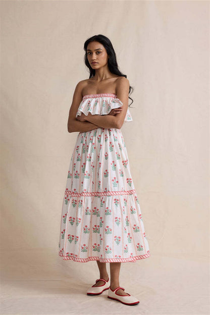 Floral Print Ruffled Trim Boho Dress