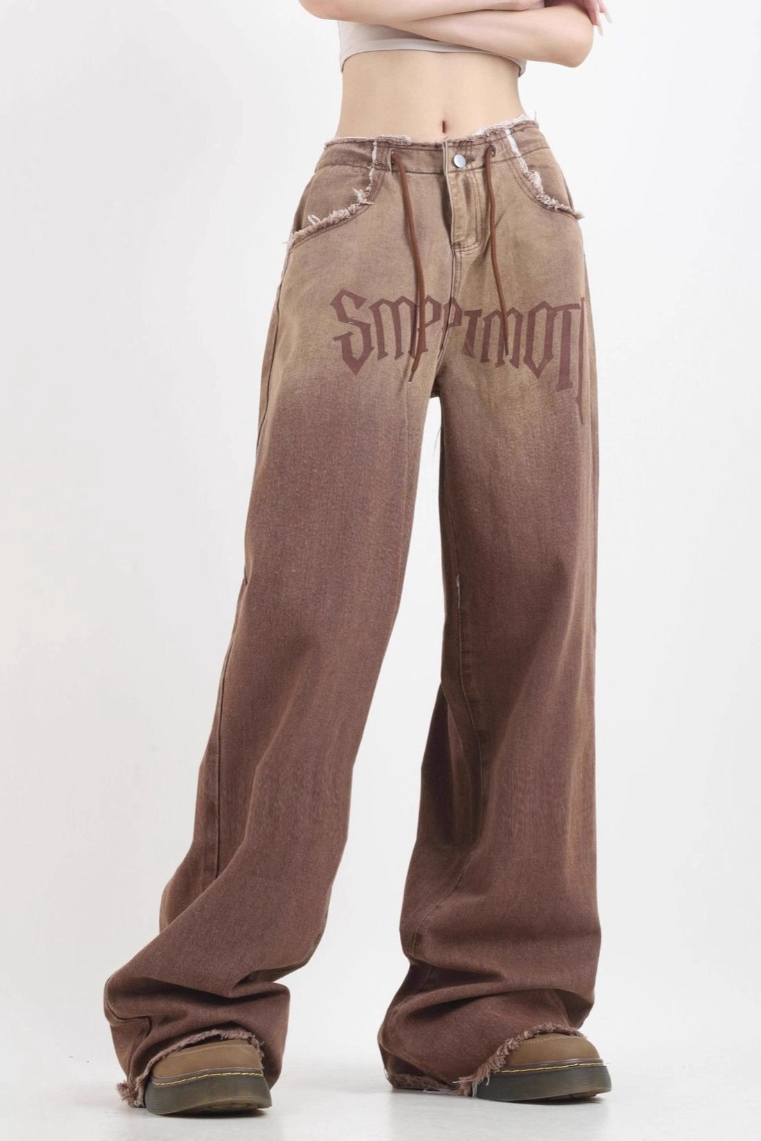 Jeans de pernera ancha deshilachados vintage de cintura alta con degradado