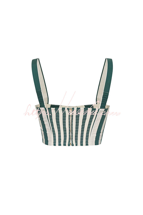 Claudine Striped Heart-shaped Smocked Tank and Raffia Buckle Belted Pocket Bubble Shorts Set