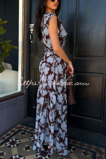 Unique Print Asymmetrical Off-Shoulder Pleated Waist Casual Maxi Dress