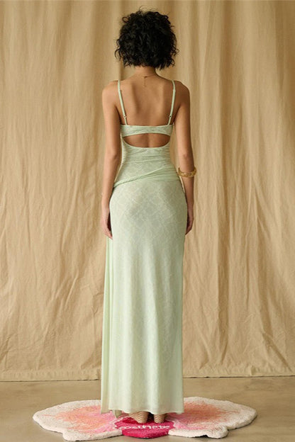 Lace Mesh 3D Floral Waist Cinched Cami Maxi Dress