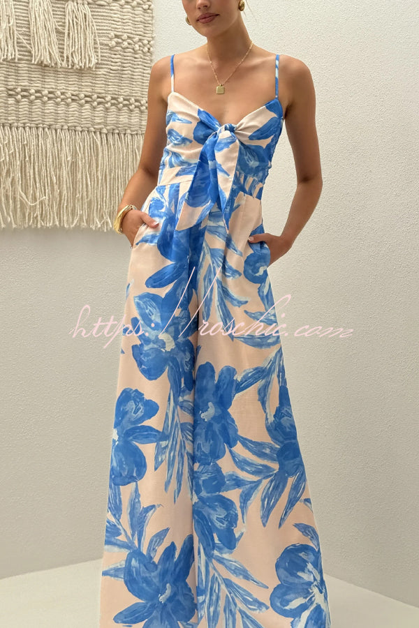 Botanical Print Spaghetti Straps Pleated Back Casual High-waisted Pocket Wide-leg Jumpsuit