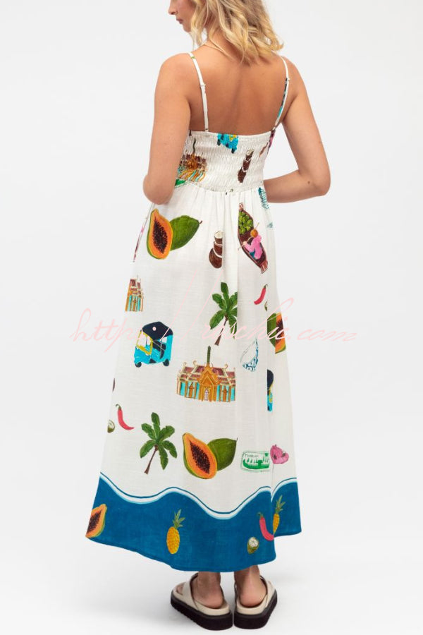 Summer Printed Square Neck Spaghetti Strap Pleated Waist Casual Maxi Dress
