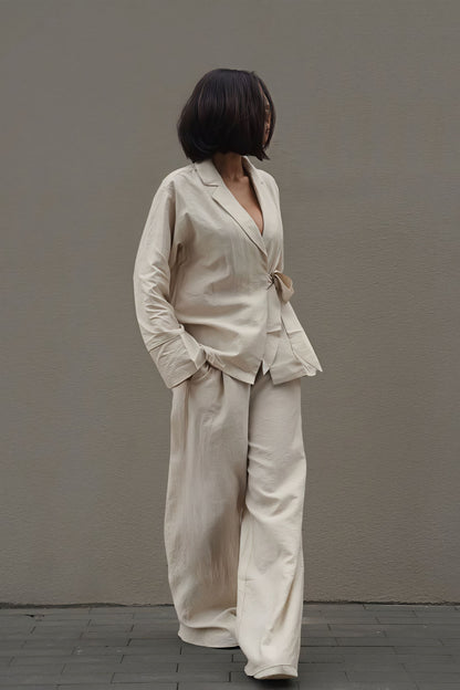 Conjunto de cárdigan con nudo frontal y pantalón holgado de dos piezas