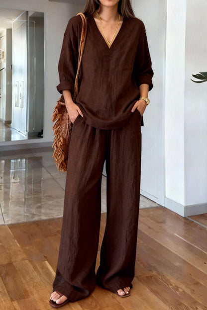 Linen Blend V-neck Long-sleeved Loose Top and Elastic Waist Casual Pocket Pants Set