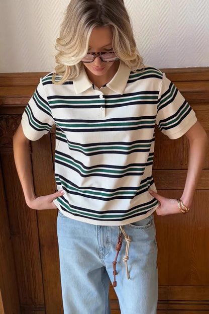 Vintage Stripe Contrast Polo T-Shirt