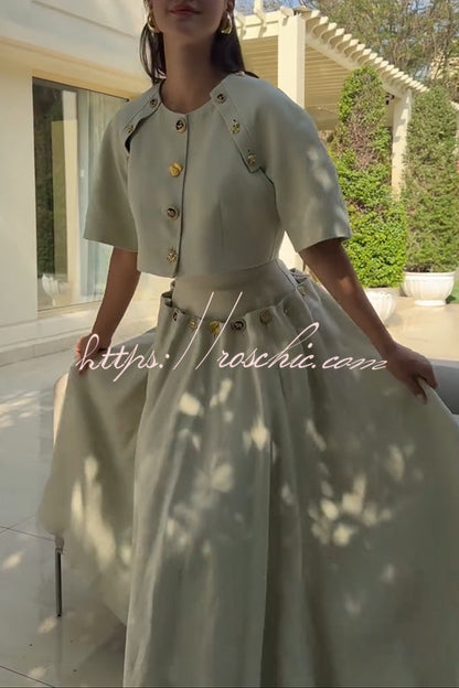 Custom Look Linen Blend Unique Metal Pattern Buttons Slit Half Sleeve Crop Jacket