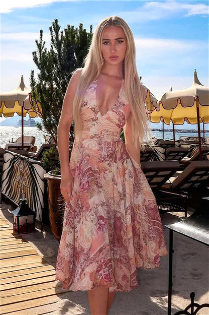 Elegant Floral Print Halter High Waist Floral Dress