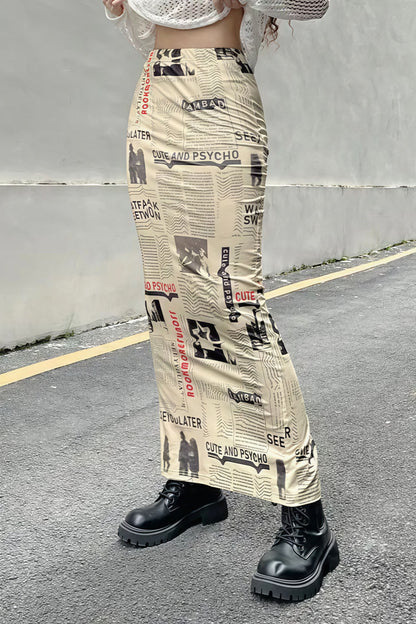 Y2K Vintage Newspaper Split Skirt