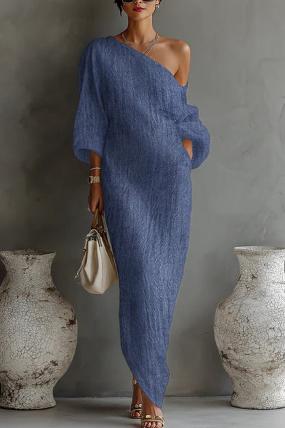 Linen Blend Loose-fitting One-shoulder Lantern Sleeve Casual Pocket Maxi Dress