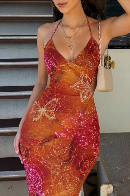 Vintage Printed Floral Lace-Up Floral Dress