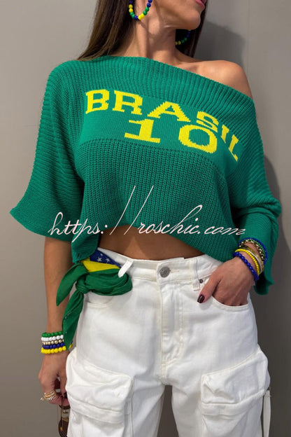 World Cup Letter Jacquard Loose-fitting Sloping Shoulders Cropped Knit Top