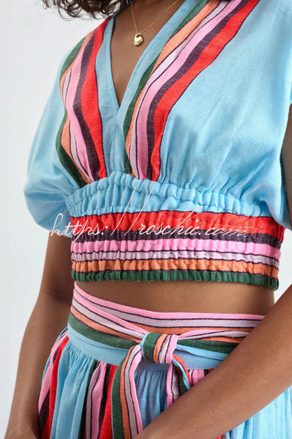 Stylish Striped Print V-neck Cropped Top and Elastic Waist Casual Maxi Skirt Set