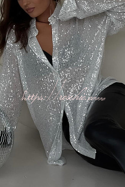 Fashion Sequin Lapel Long Sleeve Loose Shirt