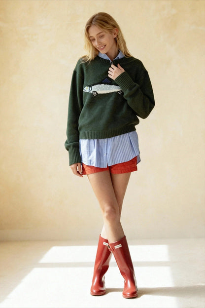 Oversized Fish Print Pullover Sweatshirt