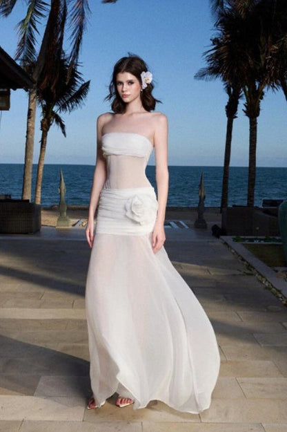 Vestido maxi bandeau de malla transparente lisa