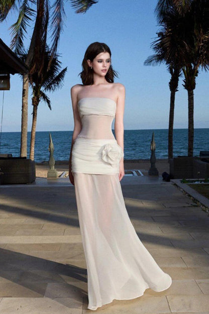 Vestido maxi bandeau de malla transparente lisa