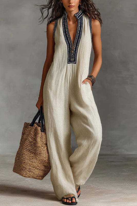 Linen Blend Sleeveless V-neck Casual Pocket Loose Jumpsuit