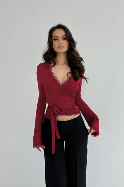 Y2K  Lace Trim Tie Waist Slim Long Sleeve Crop Top
