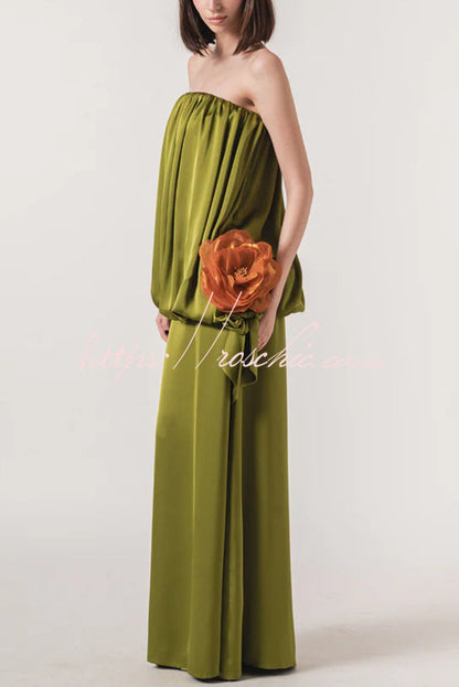 Simple Elegant Satin Voluminous Floral Detail Strapless Top and Elastic Waist Drape Maxi Skirt Set