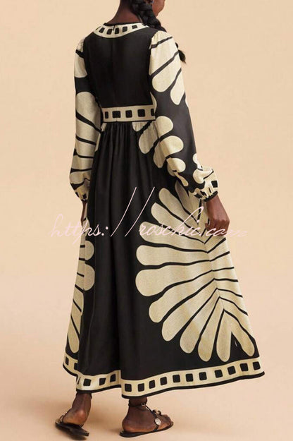 Unique Print V-Neck Long Sleeve Casual Vacation Maxi Dress