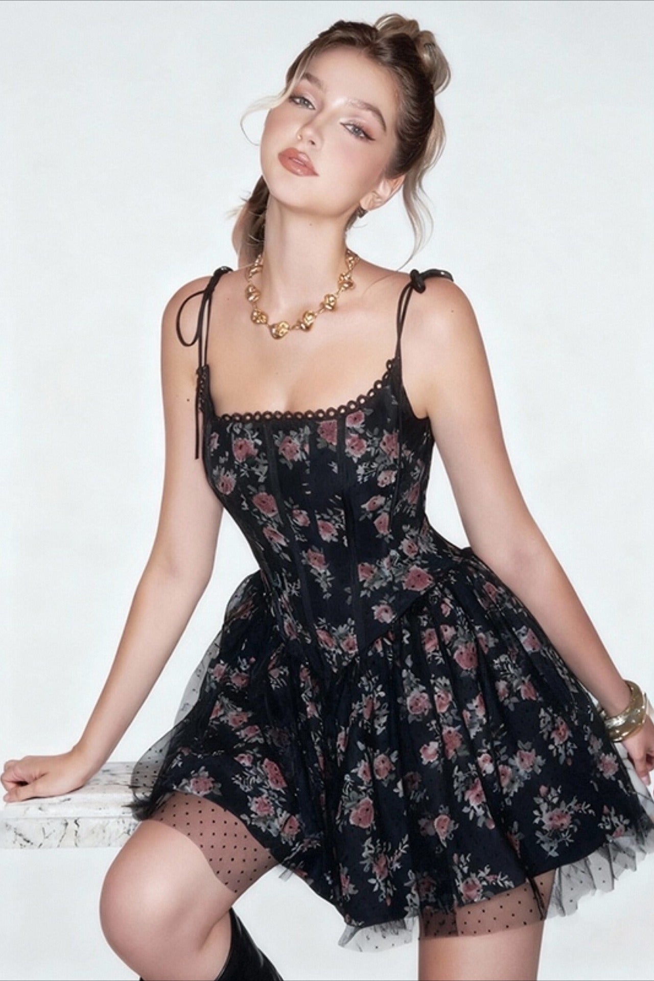 Gothic Floral Lace Trim Mini Dress