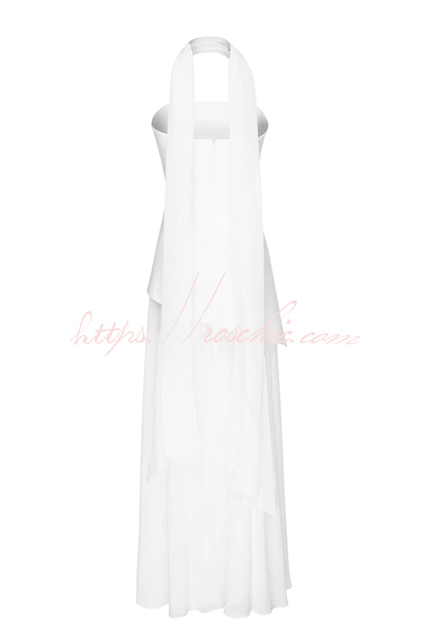 Monaco Off Shoulder Structured Top Chiffon Slit Hem Scarf Maxi Dress