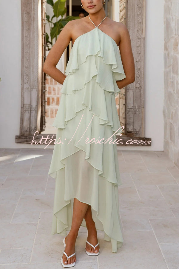 Solid Color Chiffon Halter Neck Elegant Ruffle Maxi Dress