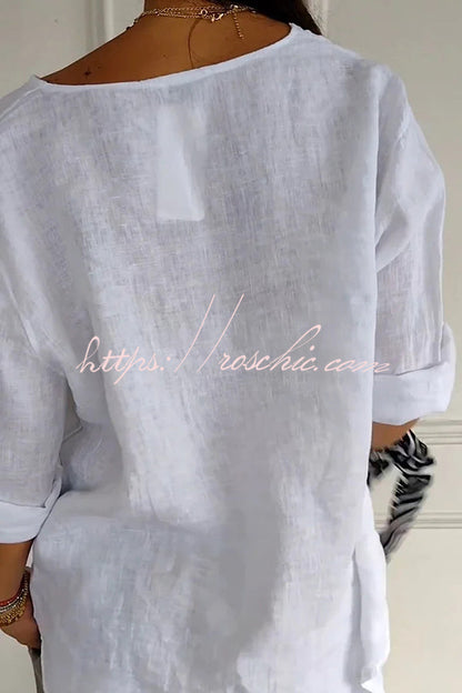Solid Color Casual Button V-neck Loose Top